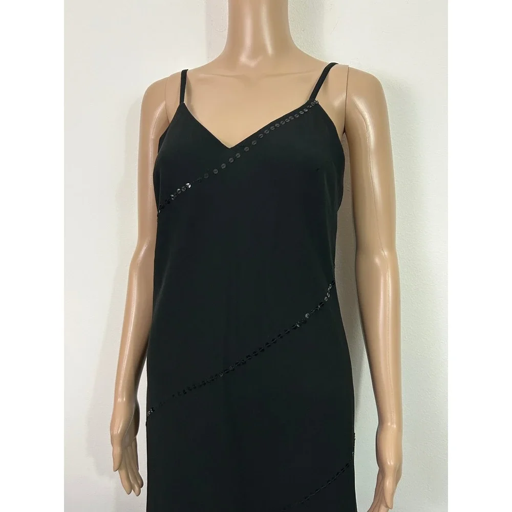 Vintage Hokus Pokus Black Sequin Maxi Dress V-Neck Low‎ Back Spaghetti Strap S